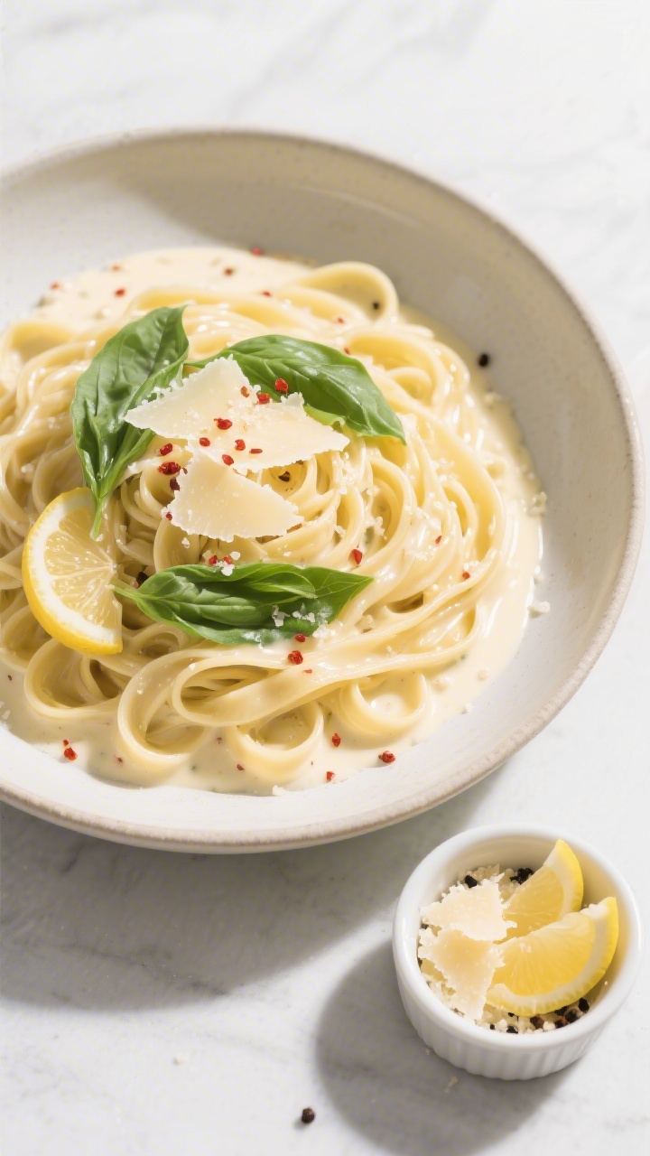 Tasty top view: Overhead shot of creamy lemon fettuccine in a wide shallow bowl, evenly coated sauce