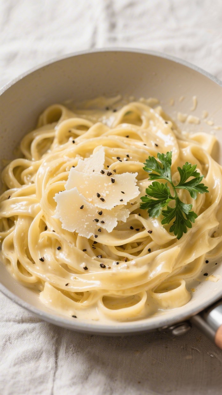 Tasty top view: Overhead shot of fettuccine Alfredo just tossed in the pan, noodles coated in a glos
