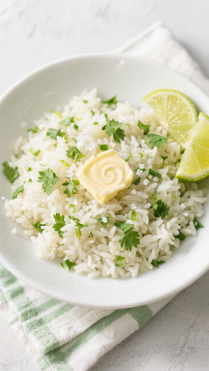 Tasty top view: Overhead shot of finished cilantro lime rice in a wide, shallow white bowl, every gr