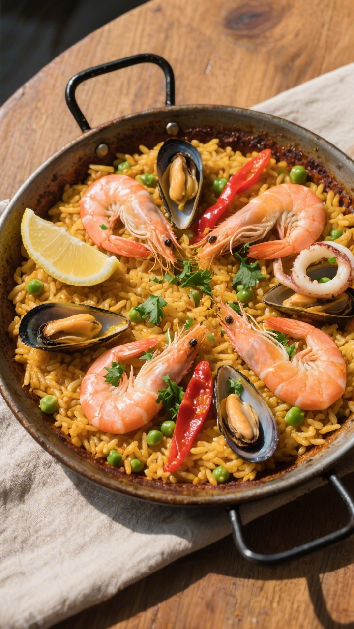 Tasty top view: Overhead shot of finished seafood paella served straight from the pan—uniform gold
