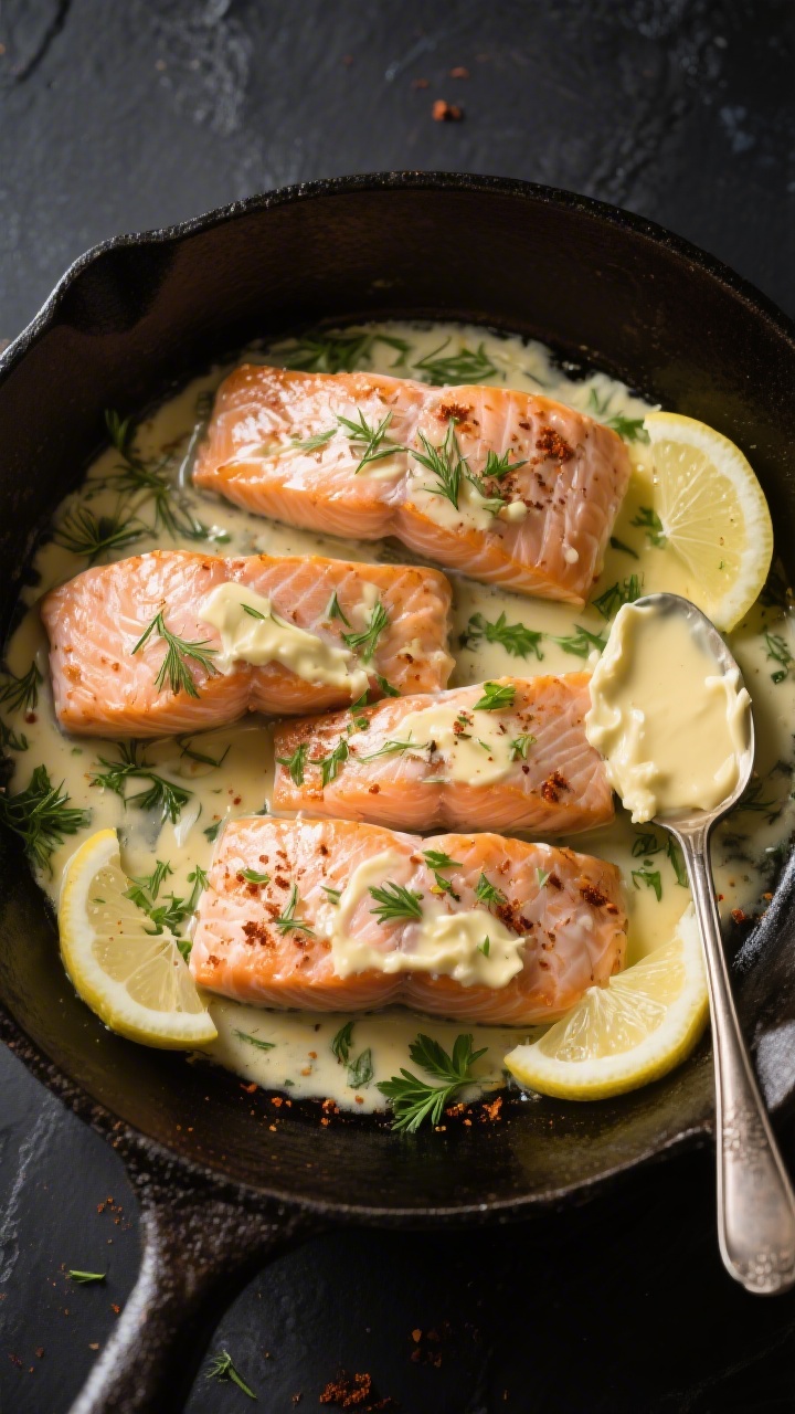 Tasty top view: Overhead shot of four salmon fillets in a cast-iron skillet post-baste, glistening w