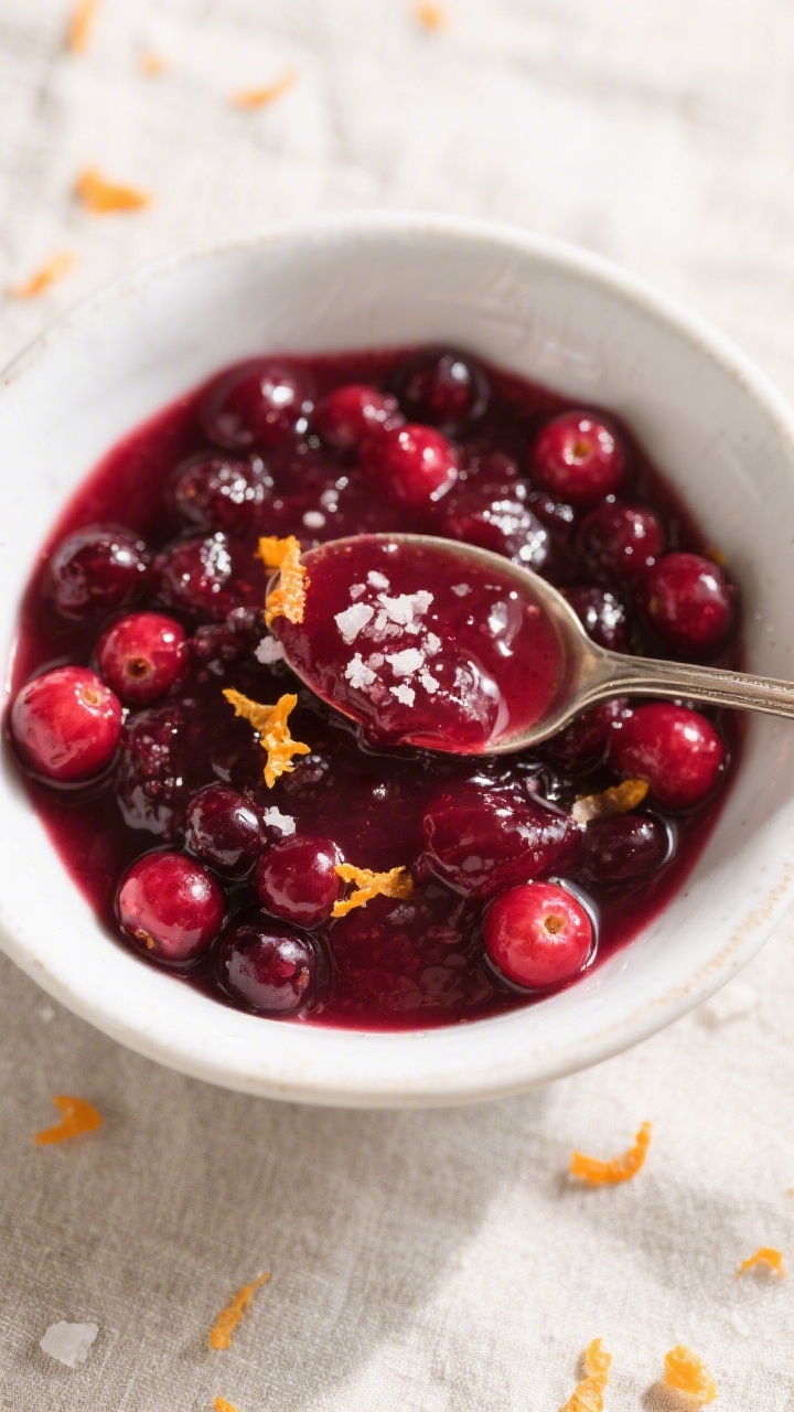 Tasty top view: Overhead shot of freshly cooled cranberry sauce in a low, white ceramic bowl, deep j