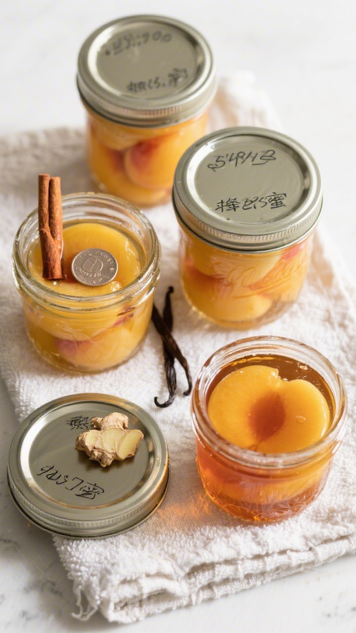 Tasty top view: Overhead shot of freshly processed pint jars of canned peaches cooling on a towel—