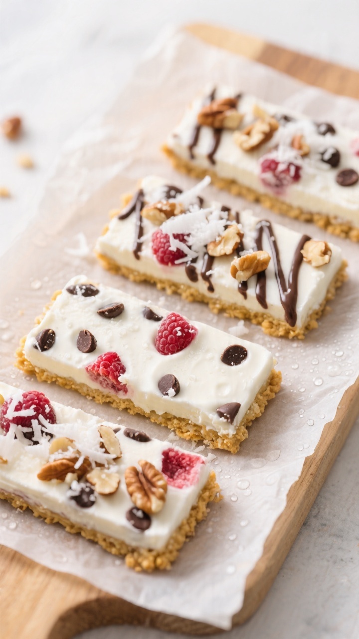 Tasty top view: Overhead shot of frozen yogurt bars on a parchment-lined board, neatly sliced with s