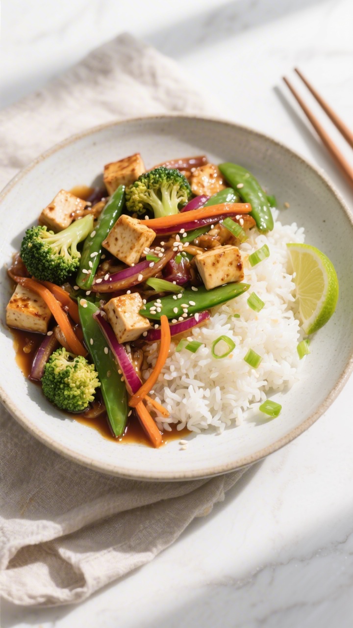 Tasty top view: Overhead shot of high-protein stir fry served over fluffy white rice in a wide shall