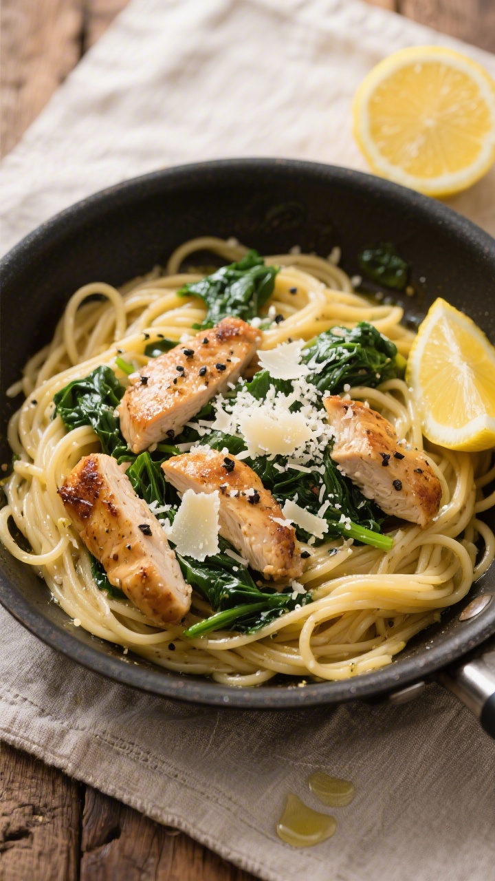 Tasty top view: Overhead shot of lemon garlic chicken pasta just finished in the skillet—linguine 