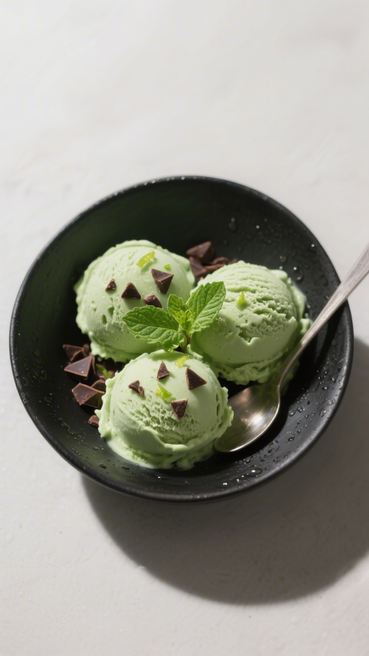 Tasty top view: Overhead shot of Matcha Mint Chip ice cream set and ready to serve, three perfect sc