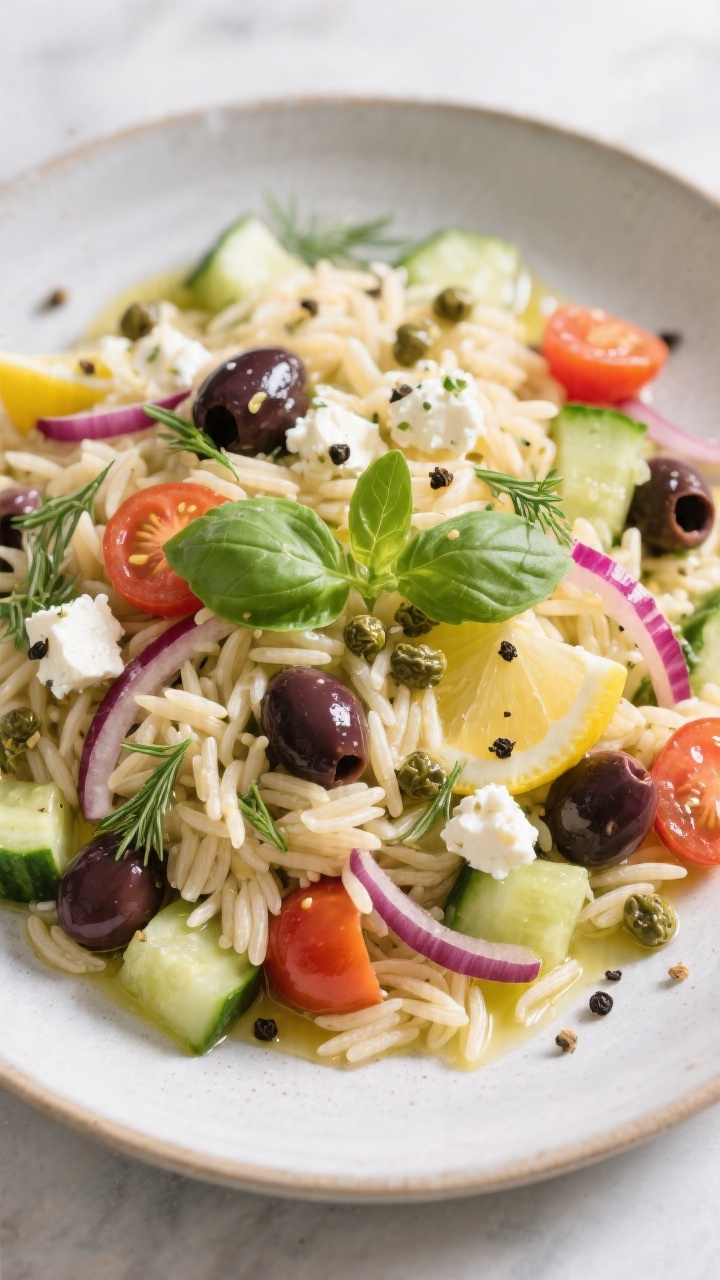 Tasty top view: Overhead shot of Mediterranean orzo salad served at room temperature on a matte cera