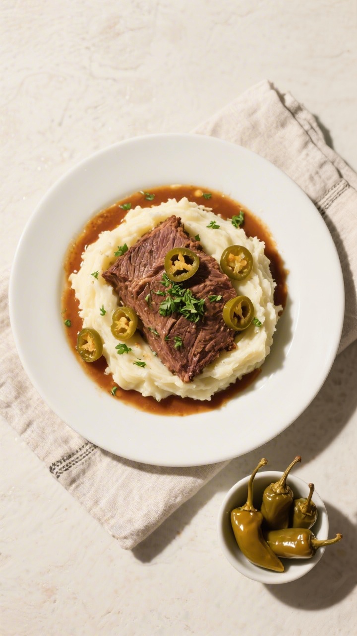 Tasty top view: Overhead shot of Mississippi pot roast plated over creamy mashed potatoes, pools of