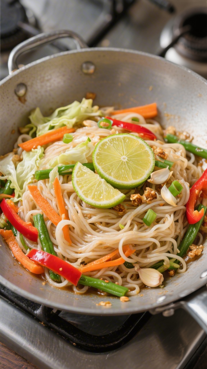 Tasty top view: Overhead shot of pancit bihon just finished in a wide pan—rice noodles evenly coat