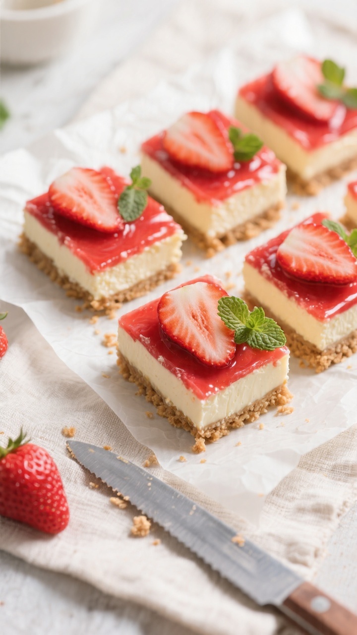 Tasty top view: Overhead shot of perfectly squared no-bake strawberry cheesecake bars on parchment, 