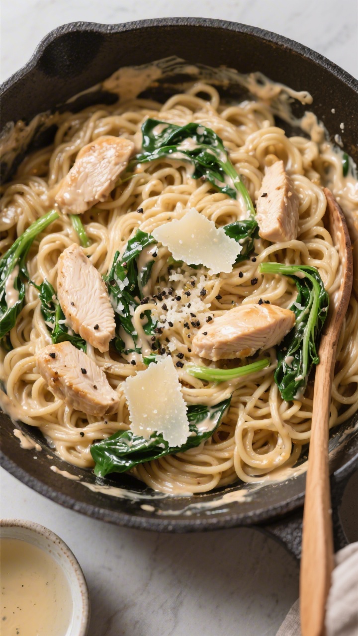 Tasty top view: Overhead shot of ramen just tossed in the creamy garlic sauce in the skillet—silky