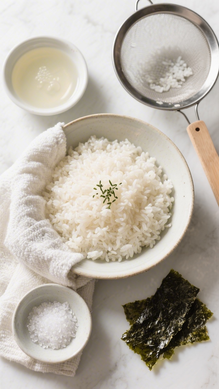 Tasty top view: Overhead shot of seasoned sushi rice cooled to body temperature, spread evenly in a 