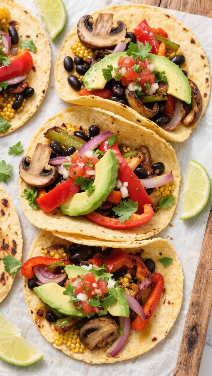 Tasty top view: Overhead shot of Sheet-Pan Fajita Veggie Tacos assembled on warm corn tortillas—ch