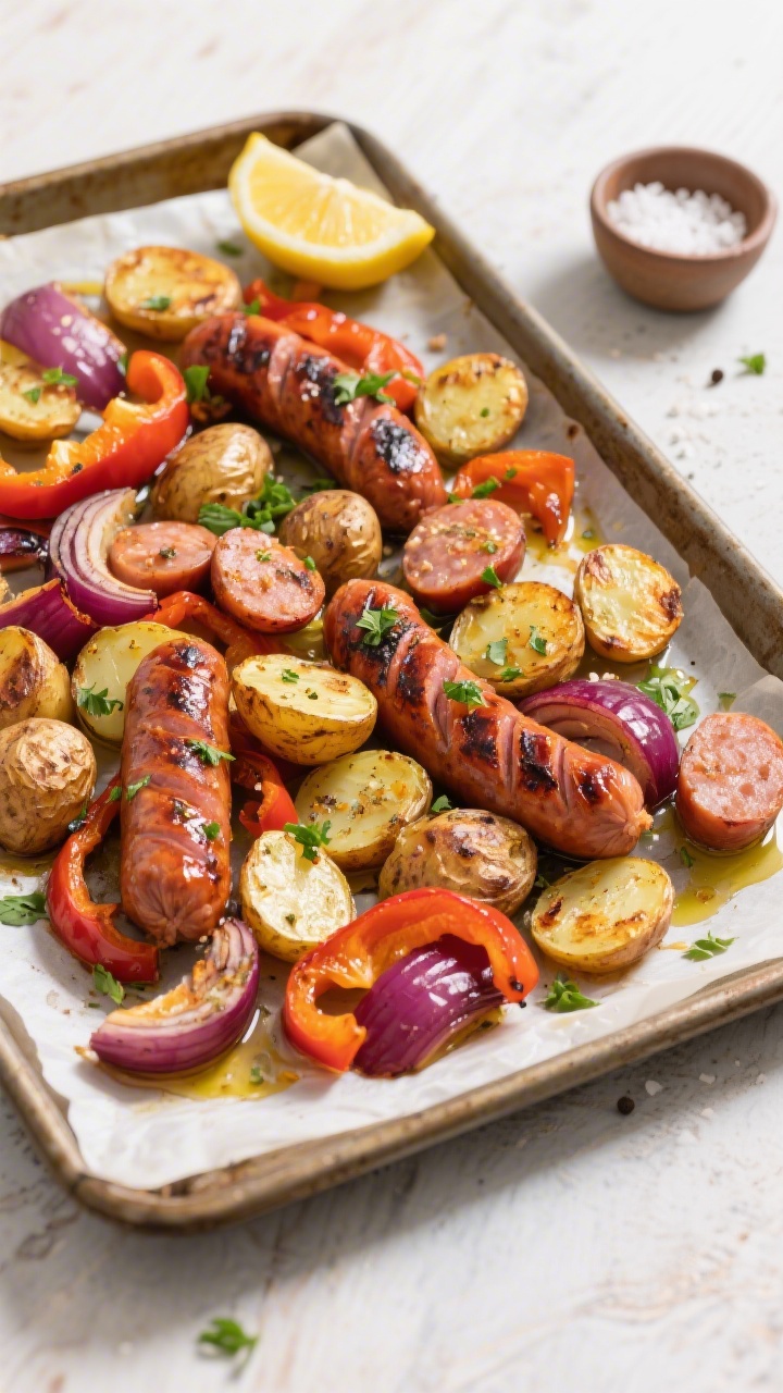 Tasty top view: Overhead shot of Sheet Pan Sausage and Veggies fresh from the oven—roasted baby po