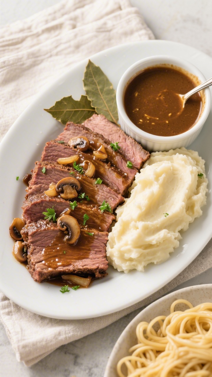Tasty top view: Overhead shot of sliced Instant Pot brisket arranged in a neat fan on a white platte