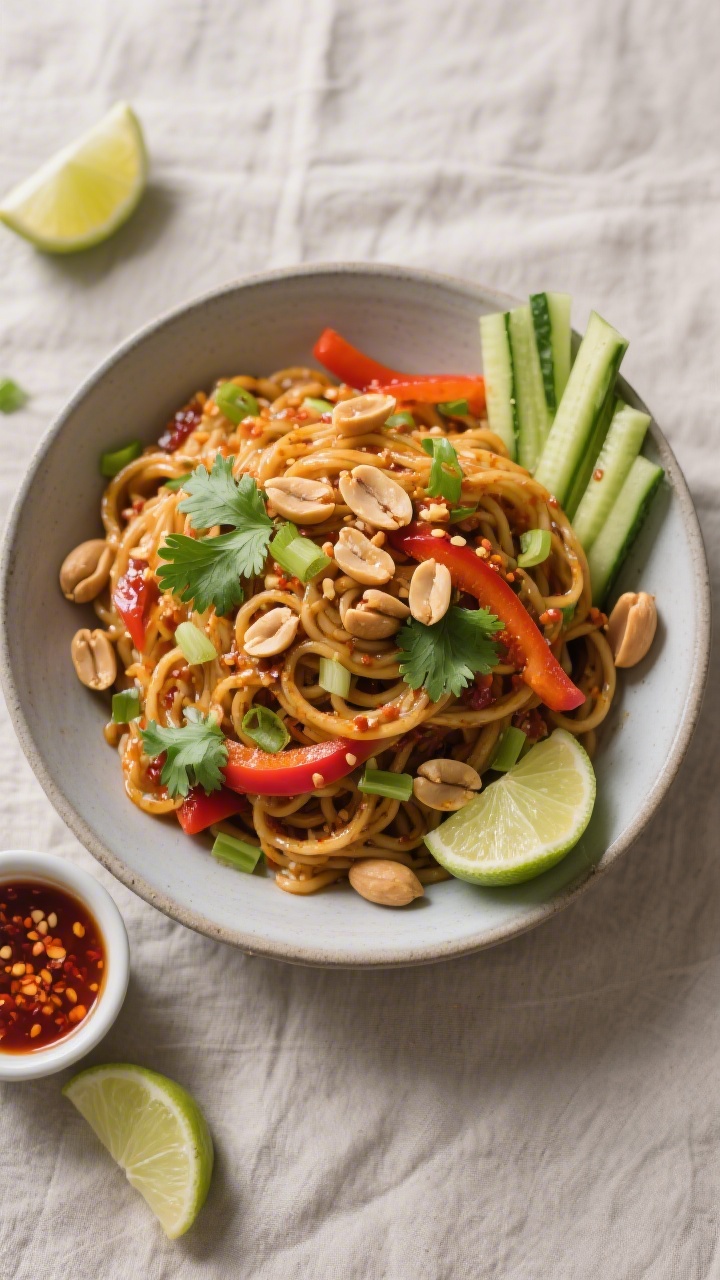 Tasty top view: Overhead shot of spicy peanut noodles served slightly warm, fully dressed and gliste