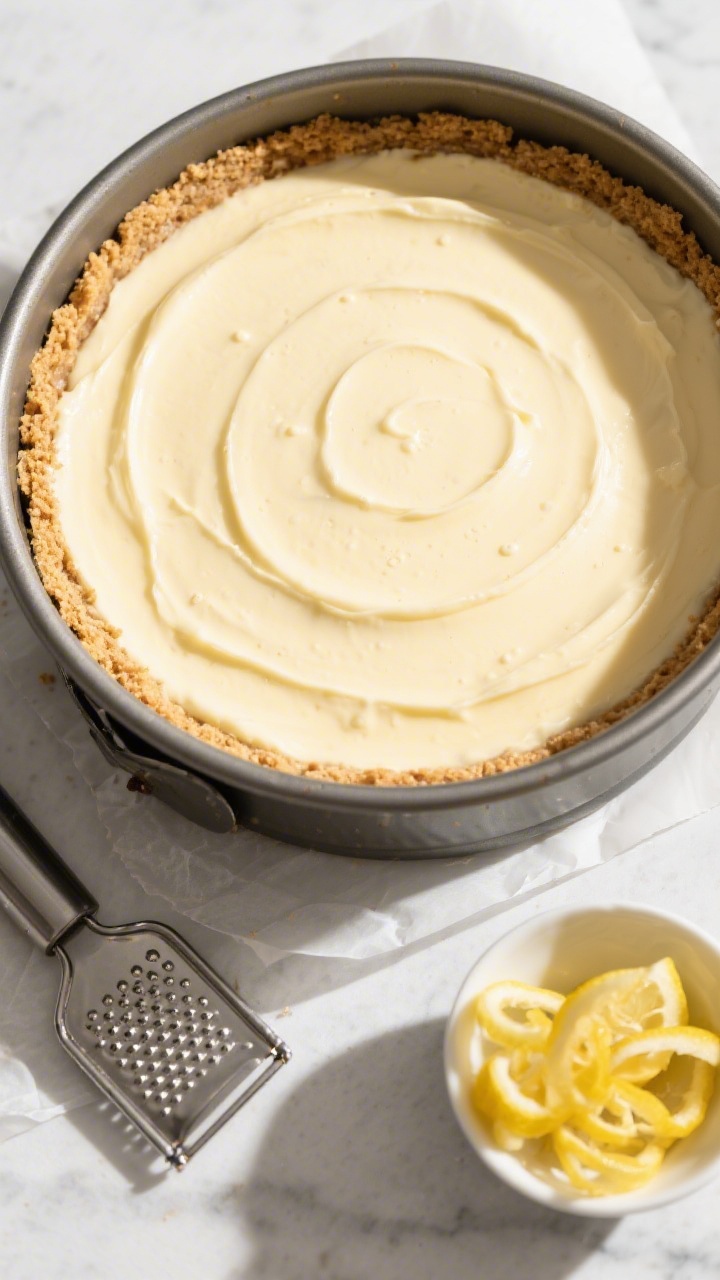 Tasty top view: Overhead shot of the assembled cheesecake in a 9-inch springform pan just after smoo