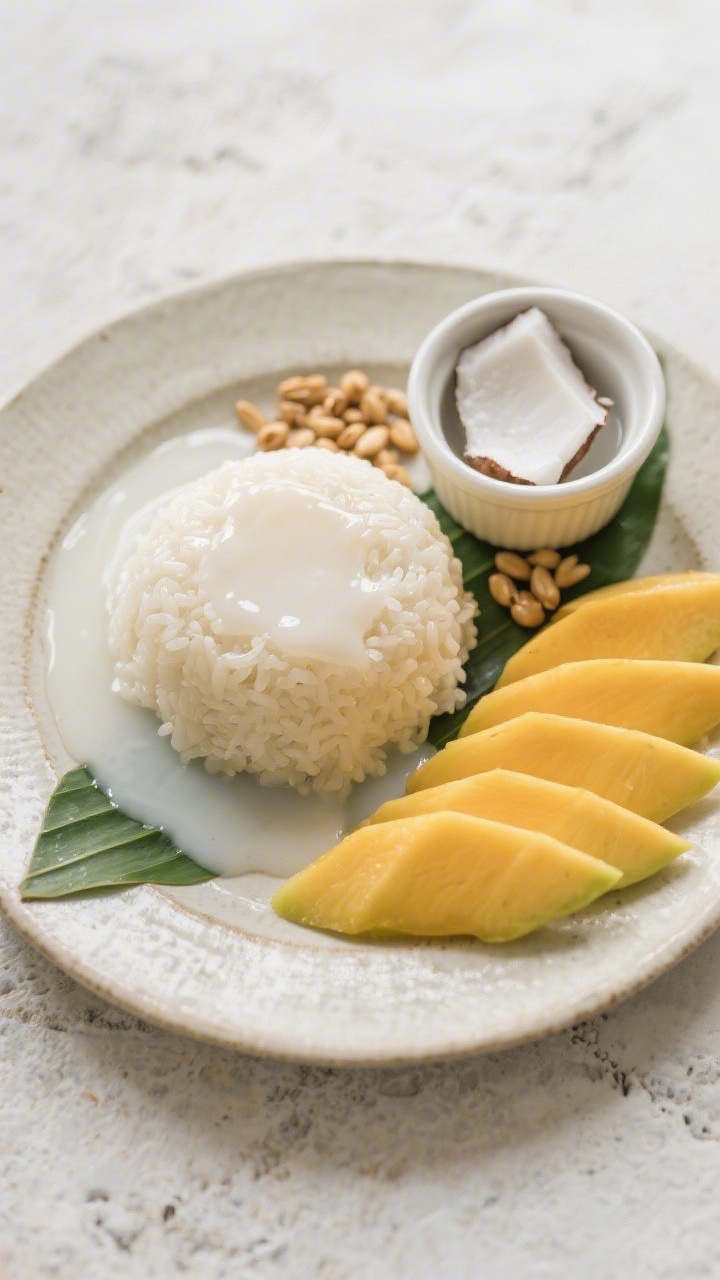 Tasty top view: Overhead shot of the assembled dessert showing perfect balance—sticky rice mound c