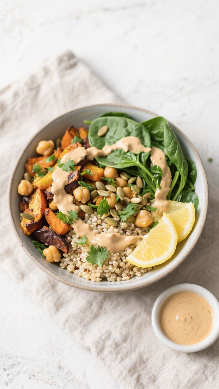 Tasty top view: Overhead shot of the assembled Lemon-Tahini Quinoa Bowl—fluffy quinoa base topped