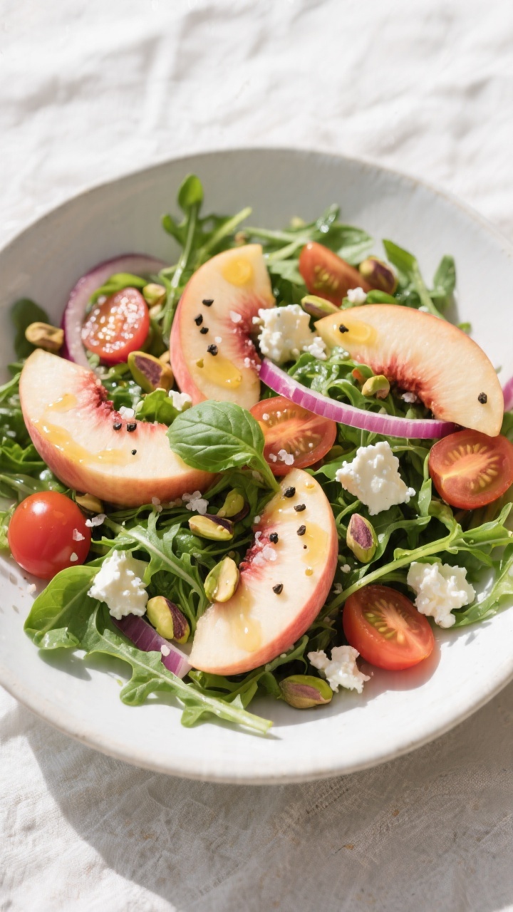 Tasty top view: Overhead shot of the assembled Peach Salad—peppery arugula and spring mix lightly 