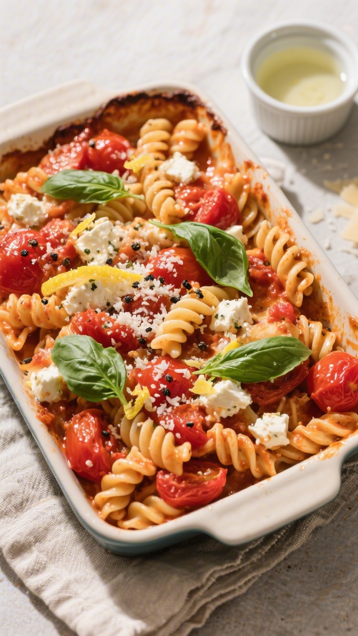 Tasty top view: Overhead shot of the creamy baked feta pasta tossed together in the roasting dish—