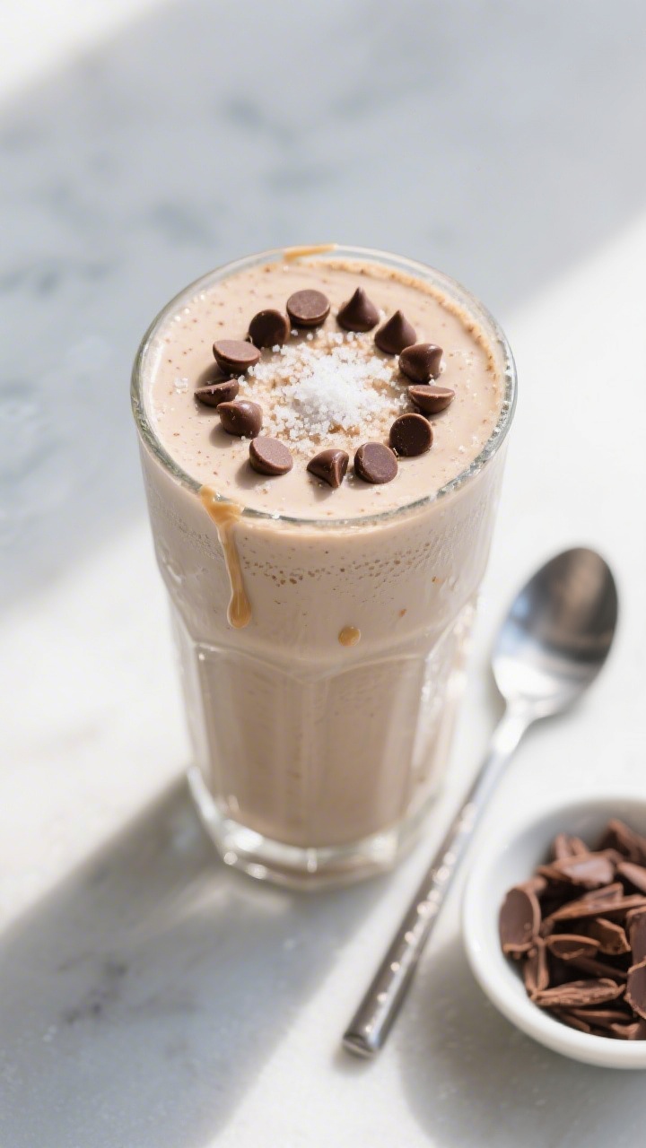 Tasty top view: Overhead shot of the final 30g Protein Cookie Dough Shake in a frosty highball glass