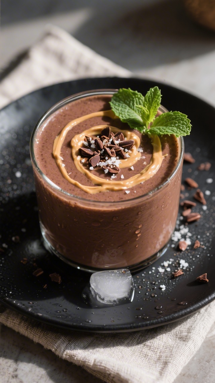 Tasty top view: Overhead shot of the final avocado chocolate smoothie served in a wide-mouth glass, 