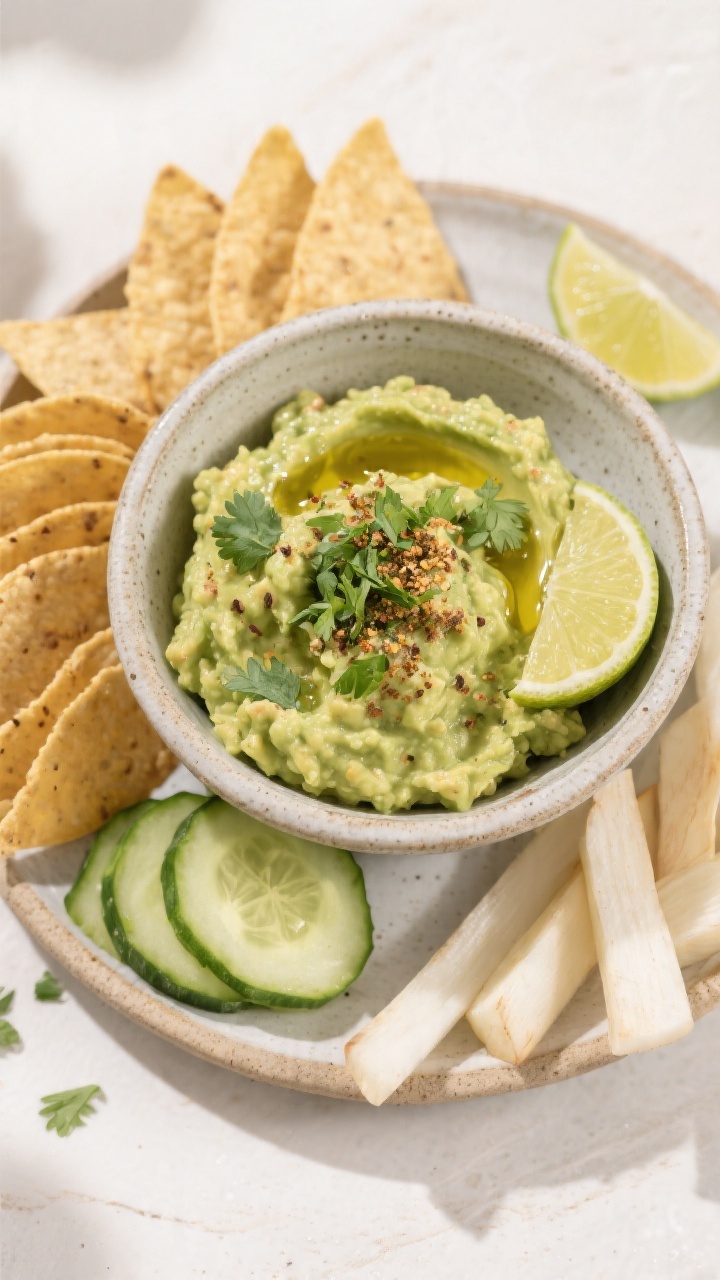 Tasty top view: Overhead shot of the final guacamole served in a wide, shallow stoneware bowl, toppe