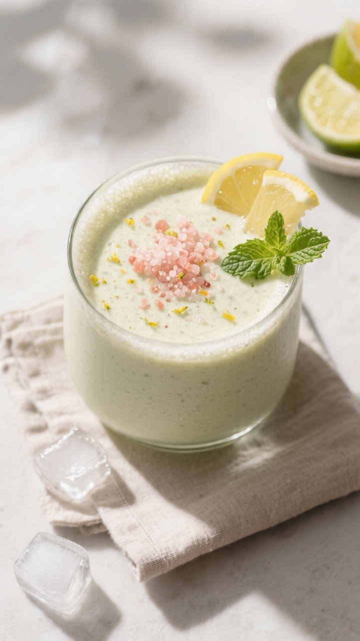 Tasty top view: Overhead shot of the final Keto Electrolyte Smoothie in a wide, low tumbler, smooth 