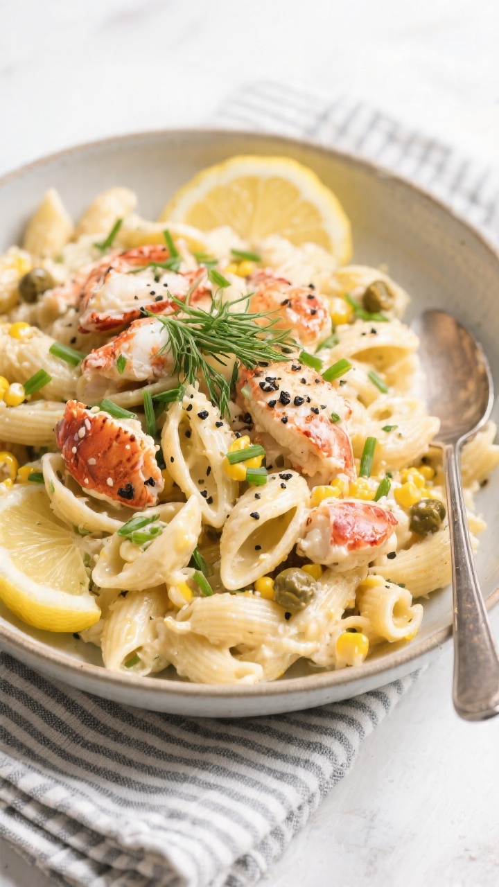 Tasty top view — Overhead shot of the final Lobster Roll Pasta Salad in a wide, low serving bowl: 