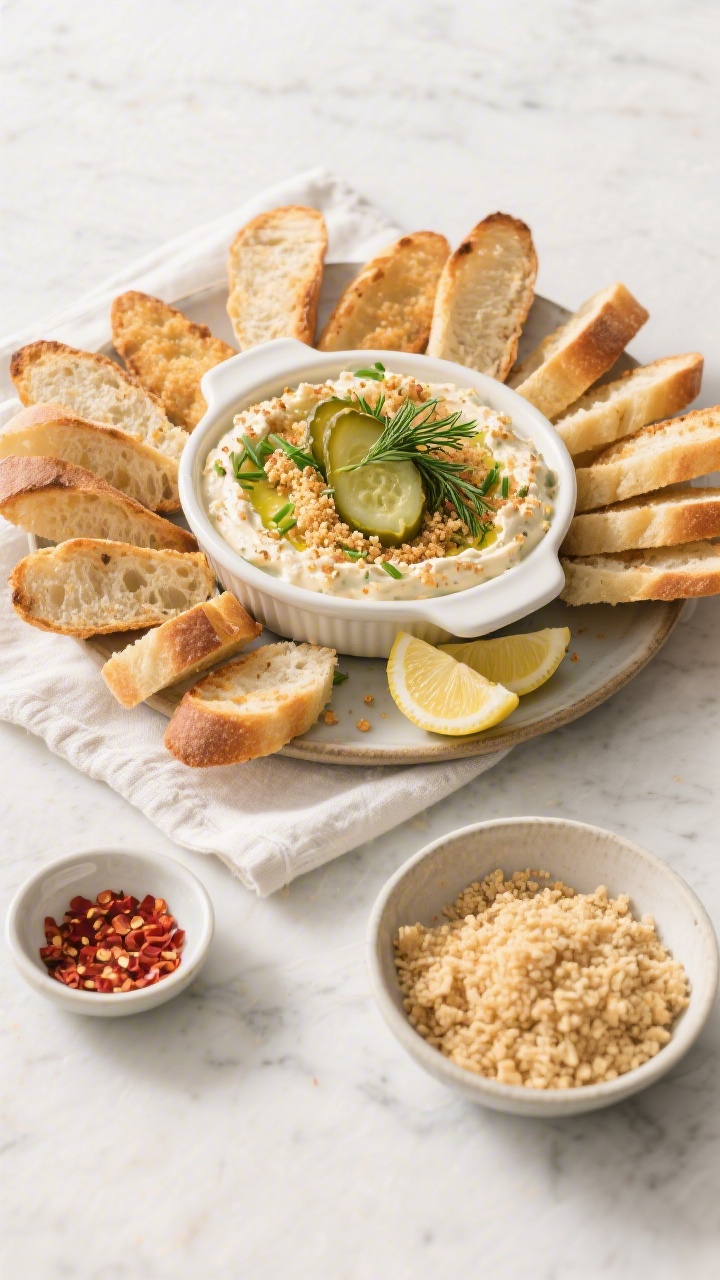 Tasty top view: Overhead shot of the final spread—an oven-safe dish of fried pickle dip crowned wi