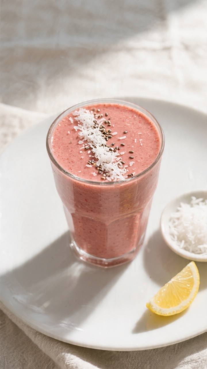 Tasty top view: Overhead shot of the final Strawberry Coconut Keto Smoothie in a wide tumbler, thick