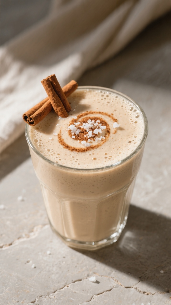 Tasty top view: Overhead shot of the final Vanilla Cinnamon Keto Smoothie served in a clear tumbler 