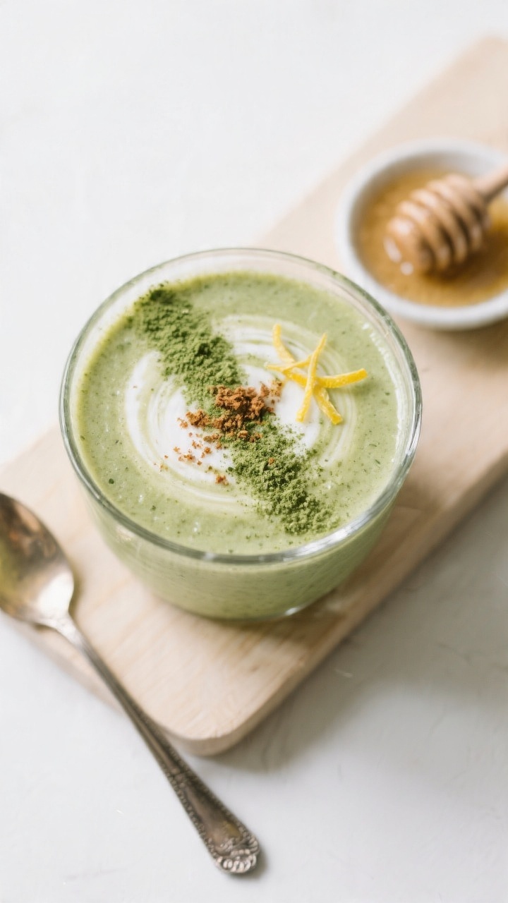 Tasty top view: Overhead shot of the final Warm Matcha Kale Smoothie served in a heat-safe glass wit
