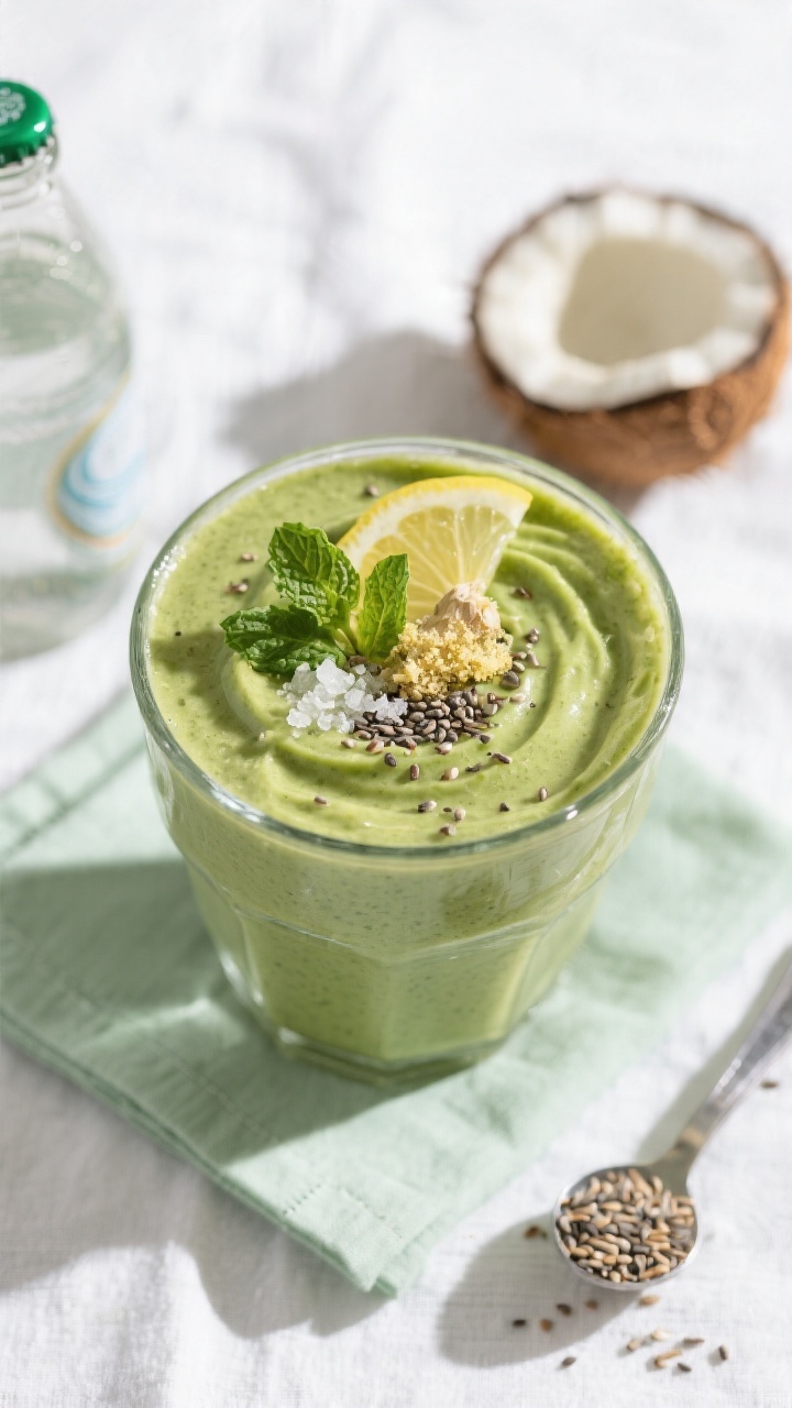 Tasty top view: Overhead shot of the finished Avocado Spinach Detox Smoothie in a wide tumbler, glos