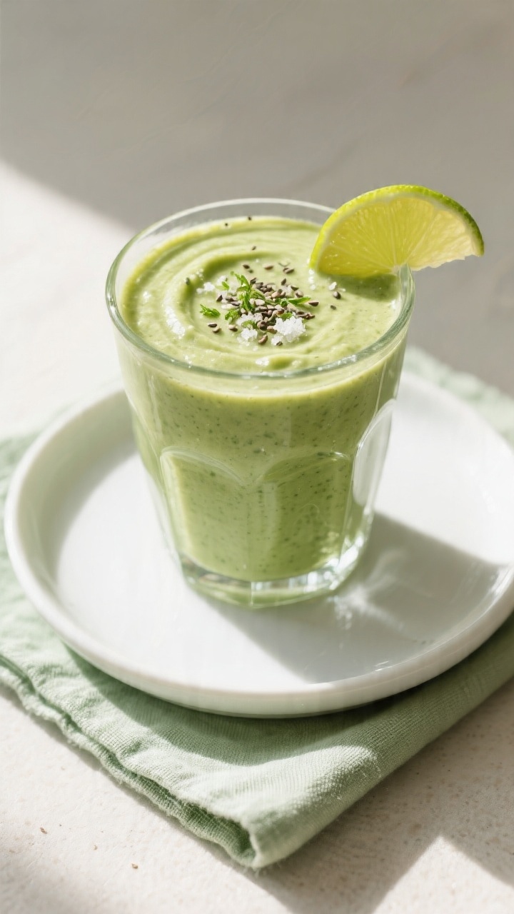 Tasty top view: Overhead shot of the finished avocado kale smoothie poured into a chilled clear glas
