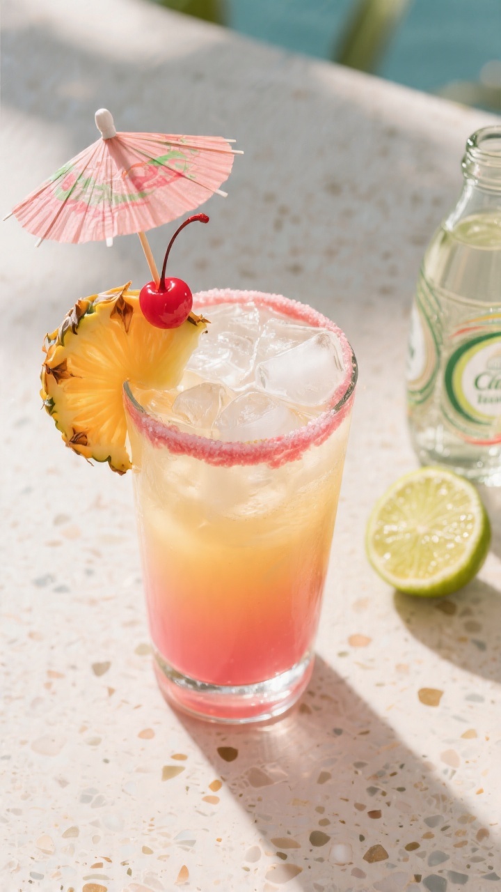 Tasty top view: Overhead shot of the finished Bahama Mama in a highball glass packed with clear ice,