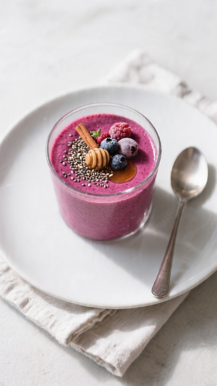 Tasty top view: Overhead shot of the finished chia seed smoothie poured into a clear glass, rich mag