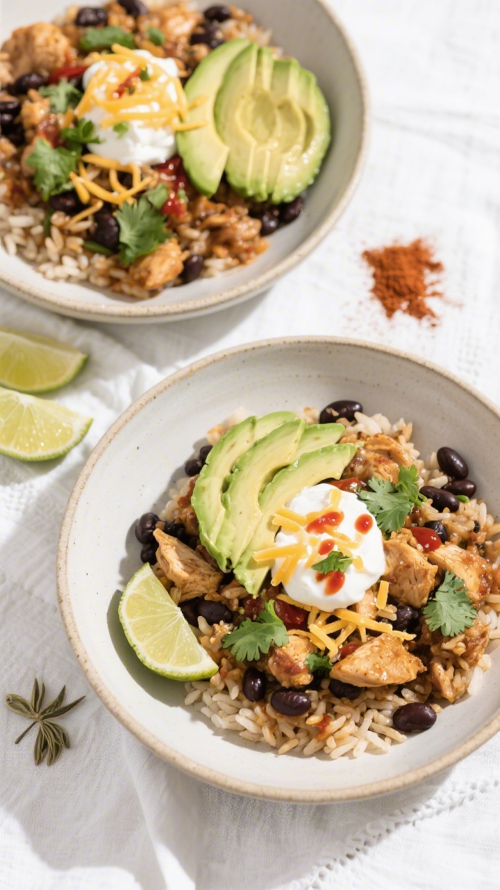 Tasty top view: Overhead shot of the finished Chicken, Rice, and Black Beans One Pot Meal served in