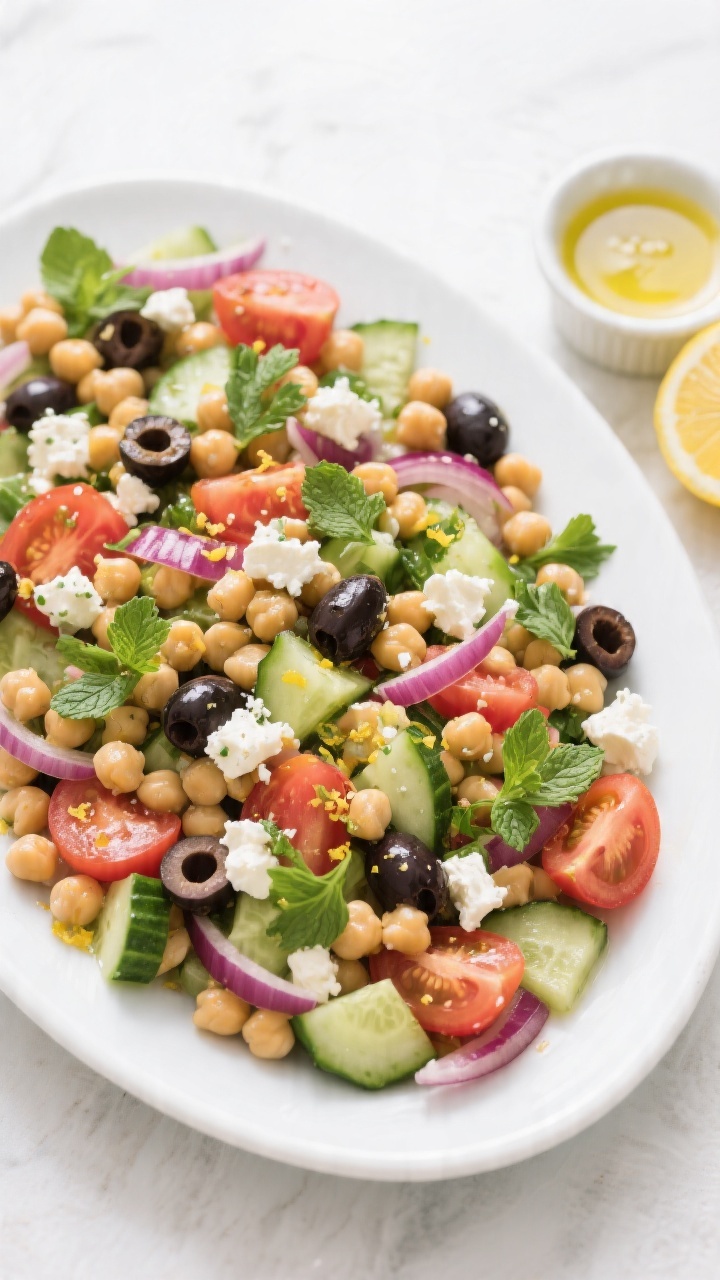 Tasty top view: Overhead shot of the finished Chickpea Salad plated family-style on a wide, white ri