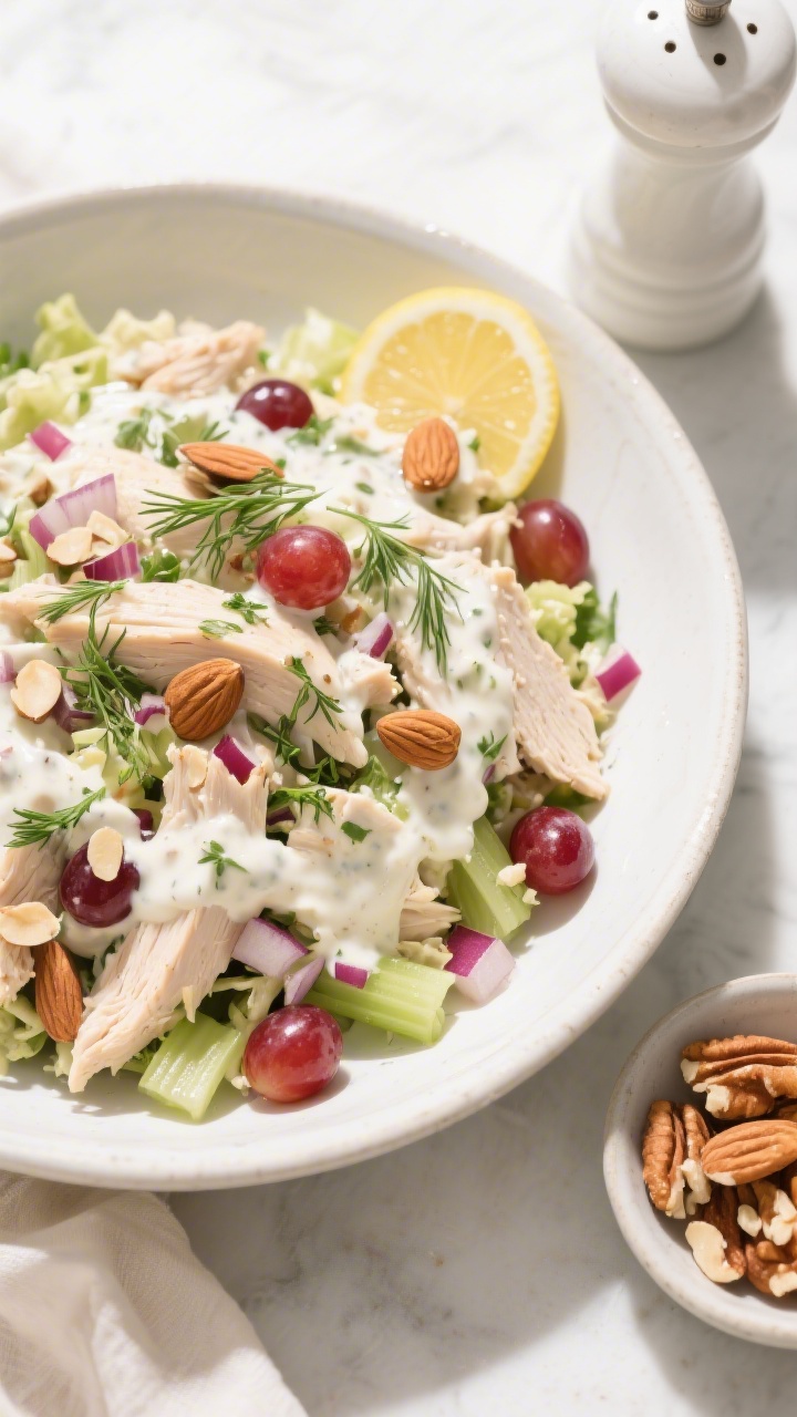 Tasty top view: Overhead shot of the finished chicken salad in a wide, white ceramic bowl—creamy d
