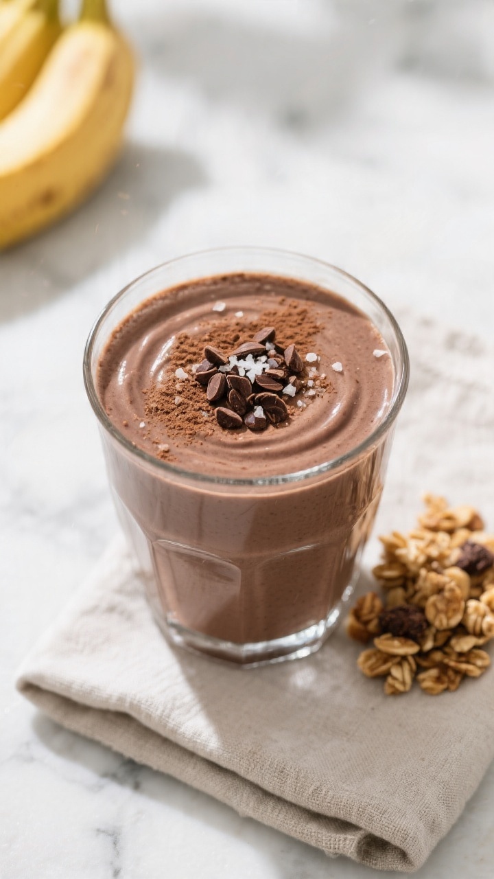 Tasty top view: Overhead shot of the finished Chocolate Banana Protein Smoothie in a clear glass, to