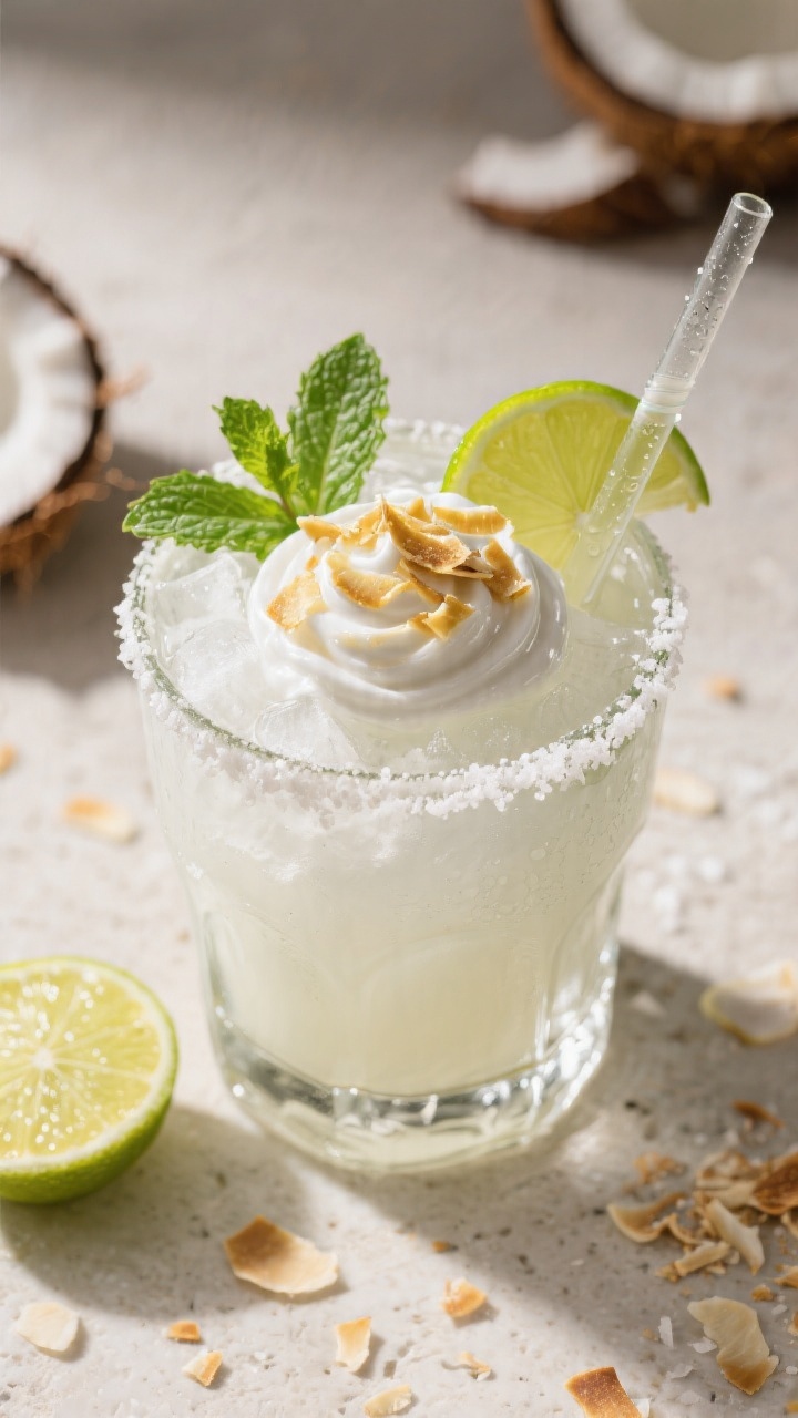 Tasty top view: Overhead shot of the finished coconut drink in a clear rocks glass with a perfectly 