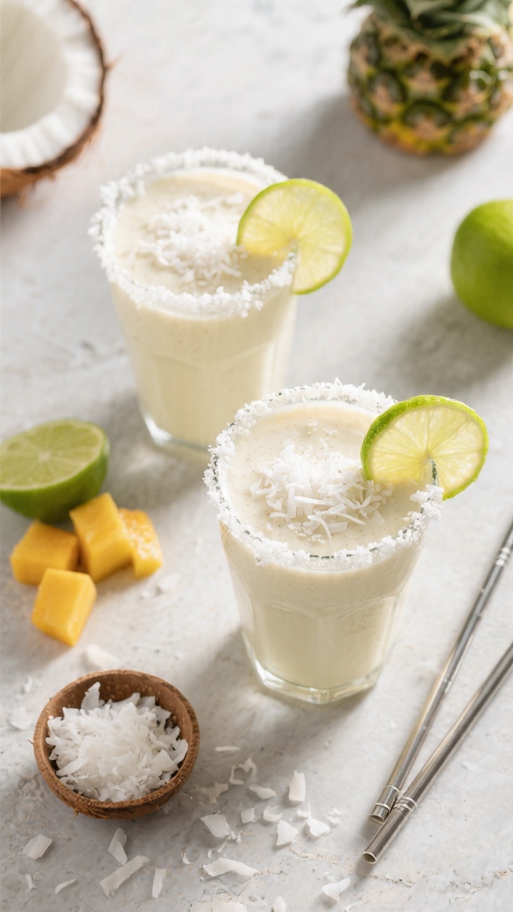 Tasty top view: Overhead shot of the finished coconut smoothie in two glasses, topped with a snowy s