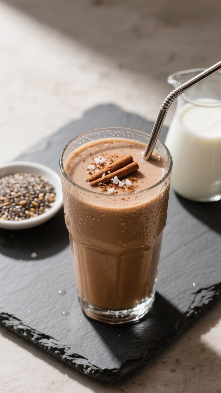 Tasty top view: Overhead shot of the finished Coffee Protein Shake poured into a chilled glass, topp
