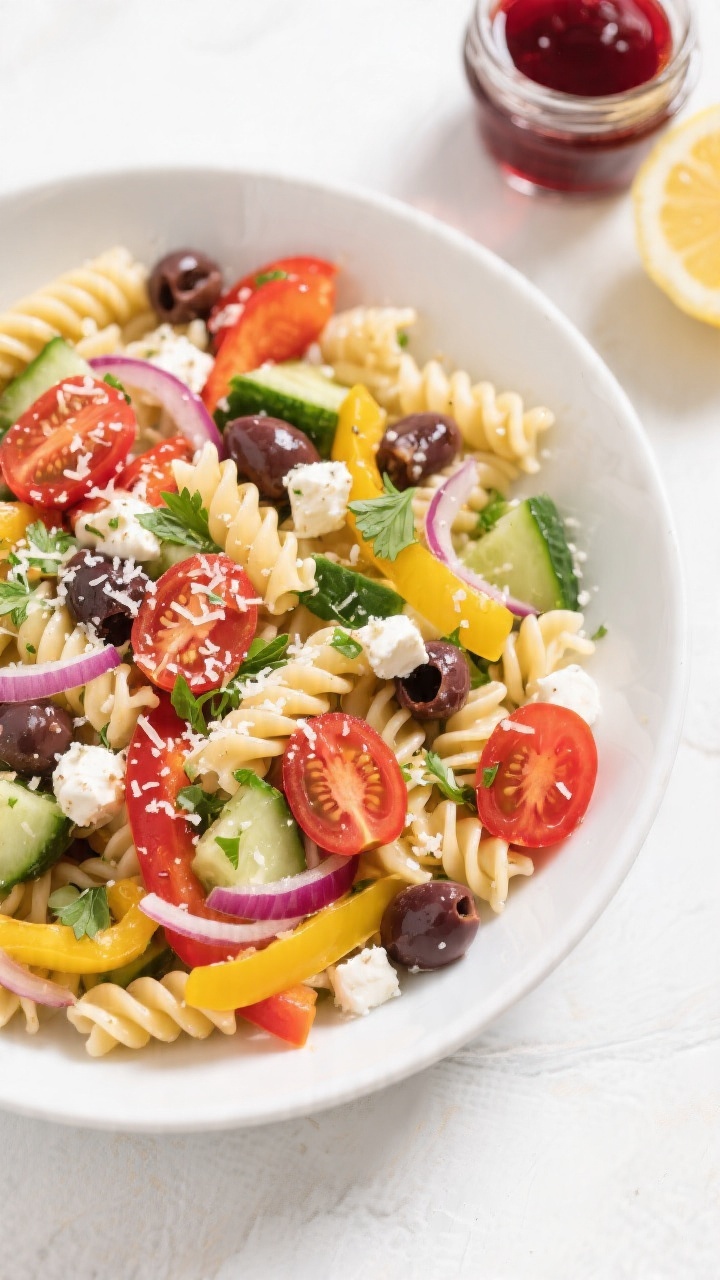 Tasty top view: Overhead shot of the finished cold pasta salad in a wide white serving bowl—rotini