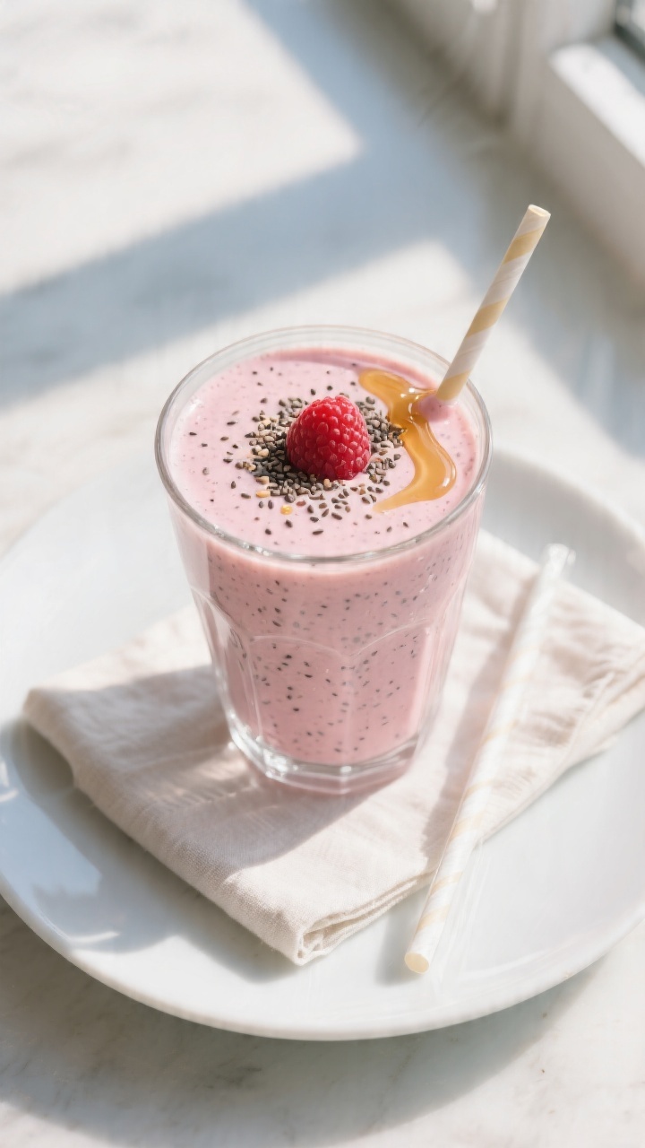 Tasty top view: Overhead shot of the finished Creamy Raspberry Peach Chia Smoothie poured into a chi