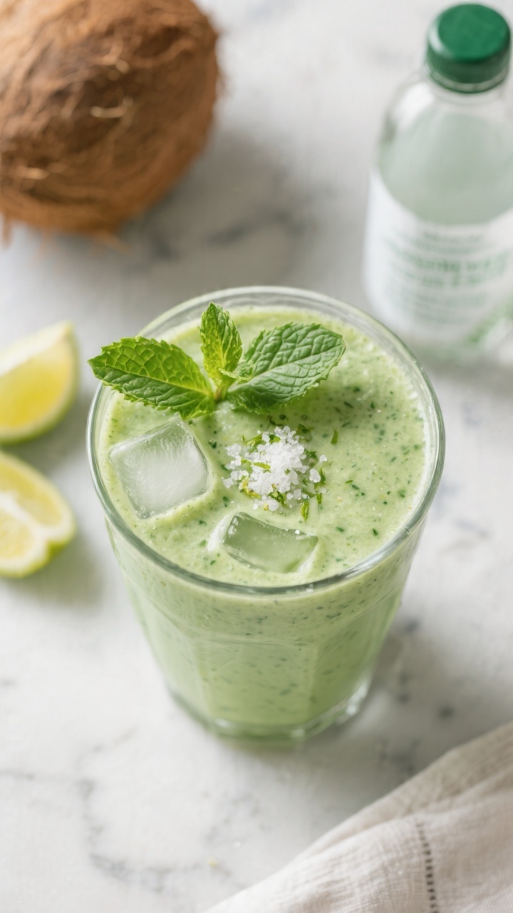 Tasty top view: Overhead shot of the finished Cucumber Mint Detox Smoothie in a wide tumbler, vibran