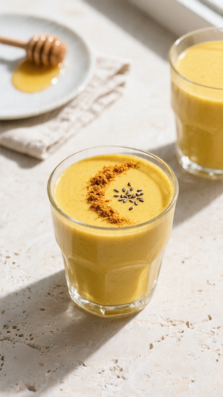 Tasty top view: Overhead shot of the finished Golden Milk Turmeric Smoothie in a simple clear tumble